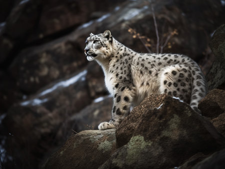 A Snow Leopard, its snow-white coat dappled with black rosettes, glides with stealthy grace across the rocky terrain of the Himalayas. The image captures the ethereal beauty of this elusive and endangered high-altitude predator.の素材