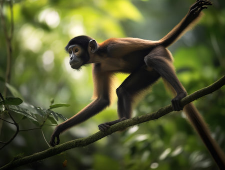 A Spider Monkey, its long limbs and prehensile tail expertly maneuvering through the lush canopy, is a picture of agile acrobatics. The monkey's alert gaze and lithe body highlight its adaptation to life in the tropical rainforest.の素材