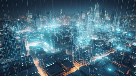 A digital twin simulation powered by AI, showing a virtual replica of a city with real-time data updates. It represents the potential of AI in urban planning and smart city design.の素材