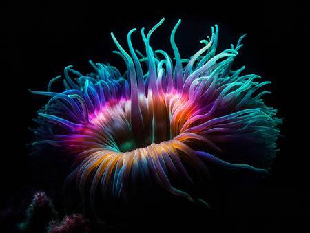 A Sea Anemone, its vibrant tentacles undulating in the ocean currents, is captured in an underwater portrait. The creature's fluorescent colors and the sense of movement evoke the mesmerizing allure of life under the sea.の素材