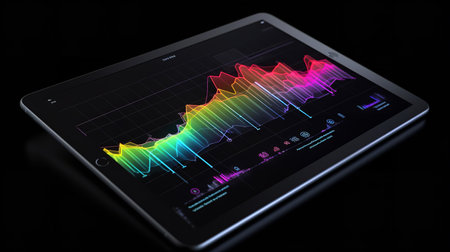 A vibrant 3D graph rising from a tablet screen, showing predictive analytics powered by AI. Complex data sets are visualized in real-time, demonstrating the power of AI in data analysis.の素材