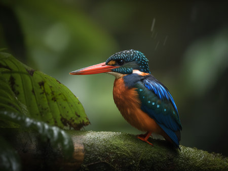 Amid a blur of lush, verdant foliage, a Malachite Kingfisher perches confidently, its vibrant plumage a riot of blues and greens that seem to glow against the dim rainforest background. Its beady, intelligent eyes hold a hint of mischief, as though privy to the forest's many secrets.の素材