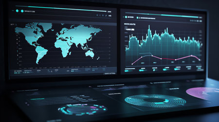 An AI-assisted real-time data analytics system, with a dynamic dashboard displaying key performance indicators. This image demonstrates the role of AI in business intelligence.の素材