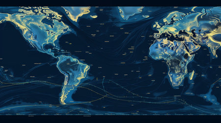 An AI system analyzing oceanographic data, showing sea surface temperatures, ocean currents, and marine life patterns. This image highlights the use of AI in marine science.の素材
