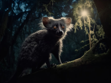 An Aye-aye perches on a mossy branch under the soft moonlight, its large, round eyes reflecting the faint light. This rare lemur's elongated middle finger is held aloft, ready to tap the tree bark in search of grubs, a unique adaptation that makes it an enigmatic night hunter.の素材