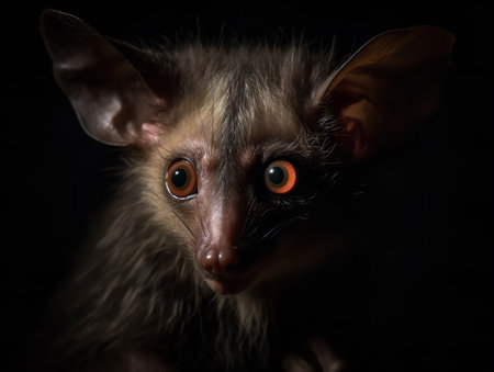 An Aye-Aye, its large eyes glowing in the dark, exhibits the unusual charm of nocturnal forest life. This unique primate's rodent-like teeth and long middle finger make it one of the most distinctive creatures in the animal kingdom.の素材