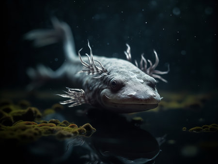 An Axolotl, its gilled silhouette floating in the freshwater, captures the mystical charm of underwater life. The creature's perpetual juvenile form and regenerative abilities have made it a subject of scientific fascination.の素材