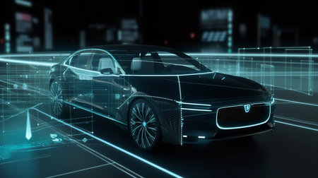 An autonomous vehicle guided by AI technology, with sensor data and path predictions displayed on a heads-up display. The image emphasizes the role of AI in self-driving technology.の素材