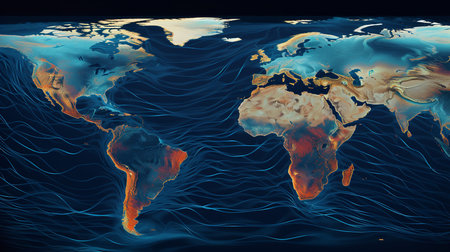 An AI system analyzing oceanographic data, showing sea surface temperatures, ocean currents, and marine life patterns. This image highlights the use of AI in marine science.の素材
