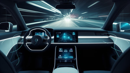 An autonomous vehicle guided by AI technology, with sensor data and path predictions displayed on a heads-up display. The image emphasizes the role of AI in self-driving technology.の素材