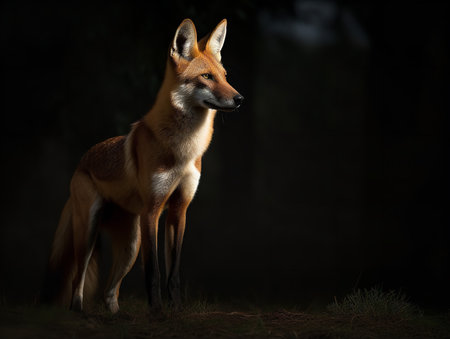 Captured under the soft radiance of moonlight, a Maned Wolf stands alert in the Brazilian savanna. Its tall, slender physique and striking red coat are a testament to its uniqueness in the canine family. The penetrating gaze of its golden eyes reveals a creature of quiet confidence and regal grandeur.の素材
