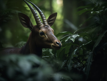 An elusive Saola, often known as the Asian Unicorn, peers from the dense foliage of the Annamite Range. Its delicate features and twin horns make it a rare sight, embodying the essence of the mystic and untamed wilderness.の素材