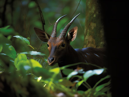 An elusive Saola, often known as the Asian Unicorn, peers from the dense foliage of the Annamite Range. Its delicate features and twin horns make it a rare sight, embodying the essence of the mystic and untamed wilderness.の素材