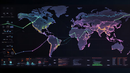 A real-time network traffic analysis system powered by AI, showing cybersecurity threats and network performance. This image emphasizes the importance of AI in network analytics.の素材