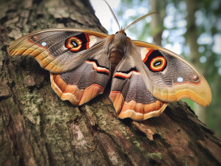 An Emperor Moth, its velvety wings adorned with eye-catching patterns, clings to a tree trunk. Its fuzzy antennae and soft body contrast the rough bark, showcasing the creature's delicate beauty and the often-overlooked charm of insect life.の素材