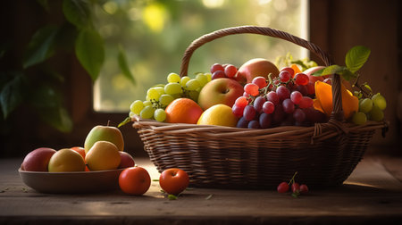 A beautifully arranged basket of various fresh fruits sits bathed in the warm morning sunlight, symbolizing healthy eating habits.の素材