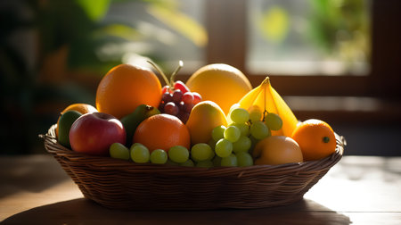 A beautifully arranged basket of various fresh fruits sits bathed in the warm morning sunlight, symbolizing healthy eating habits.の素材