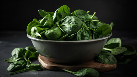 A bowl filled with fresh green spinach leaves, emphasizing the benefits of leafy green vegetables in a diet.の素材