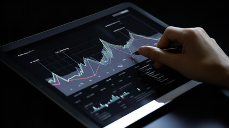 A close-up of graphs and charts displayed on a touch screen tablet, representing data analysis in business operations.の素材