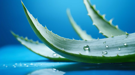 A closeup of fresh aloe vera slices is captured against a vibrant blue background.の素材