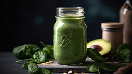 A freshly blended green smoothie in a mason jar is displayed, promoting skincare from the inside out.の素材