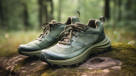 A pair of running shoes against a background of greenery, indicating an outdoor running or hiking activity.の素材