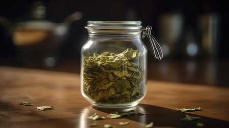 A glass jar filled with organic green tea leaves, promoting health benefits and natural remedies.の素材