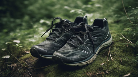 A pair of running shoes against a background of greenery, indicating an outdoor running or hiking activity.の素材