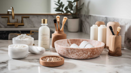 A luxurious collection of spa bathing accessories including bath salts, a scrub brush, and candles are displayed on a marble surface.の素材