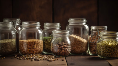 A collection of sprouting seeds in glass jars on a wooden shelf, signifying the process of homegrown healthy nutrition.の素材