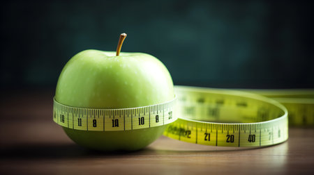 A measuring tape wound around a fresh green apple, representing healthy eating and weight management.の素材