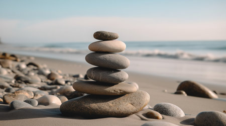 A stack of smooth meditation stones on a tranquil beach, promoting balance, peace, and wellness.の素材