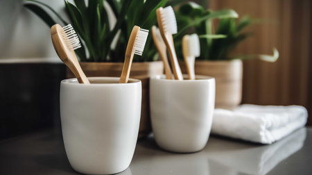 A set of natural bamboo toothbrushes are stored in a ceramic cup, representing eco-friendly personal care.の素材