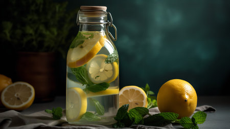 Fresh water in a glass bottle infused with mint and lemon slices, symbolizing healthy hydration and detoxification.の素材