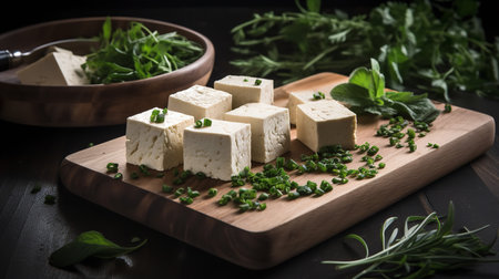 Blocks of tofu on a cutting board surrounded by fresh herbs, showcasing a staple in plant-based nutrition.の素材