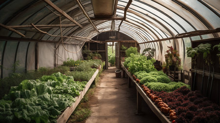 A greenhouse filled with a variety of organic vegetables, portraying the concept of farming and fresh produce.の素材
