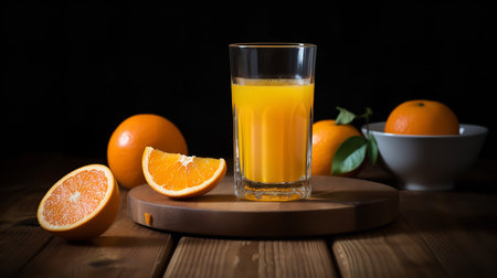 A glass of freshly squeezed orange juice set on a wooden table, symbolizing a healthy, vitamin-rich beverage.の素材