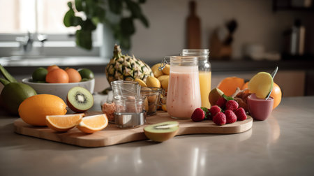 Ingredients for a healthy smoothie placed on a kitchen counter, demonstrating the concept of nutritious and delicious eating.の素材