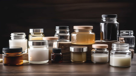 A lineup of glass jars filled with various types of cosmetic creams are neatly arranged on a wooden table.の素材