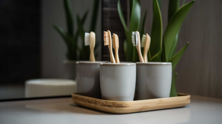 A set of natural bamboo toothbrushes are stored in a ceramic cup, representing eco-friendly personal care.の素材