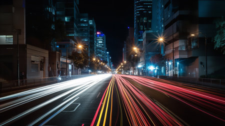 Long exposure shot of light trails on a city street at night, representing speed and momentum in business.の素材