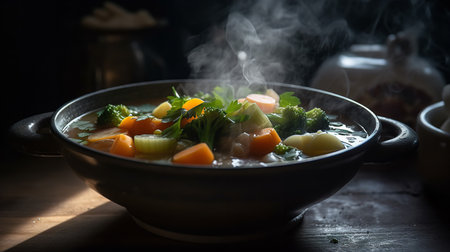 A steaming bowl of homemade vegetable soup, symbolizing comfort food with health benefits.の素材
