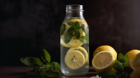 Fresh water in a glass bottle infused with mint and lemon slices, symbolizing healthy hydration and detoxification.の素材