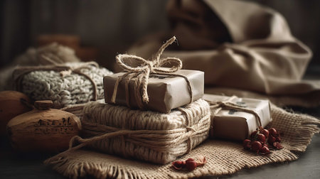Handmade organic soap bars are displayed neatly on a piece of linen cloth, giving a rustic vibe.の素材