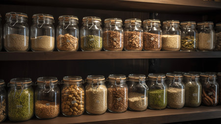 A collection of sprouting seeds in glass jars on a wooden shelf, signifying the process of homegrown healthy nutrition.の素材