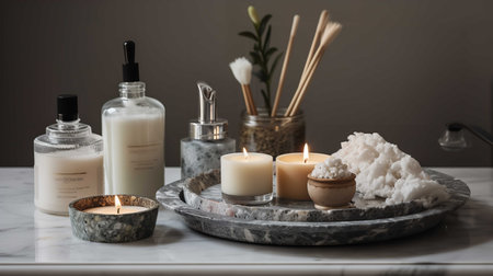 A luxurious collection of spa bathing accessories including bath salts, a scrub brush, and candles are displayed on a marble surface.の素材