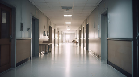 A stock image showing a modern hospital hallway with doors leading to patient rooms, all presented in soft focus to convey a sense of calmness and professionalism.の素材