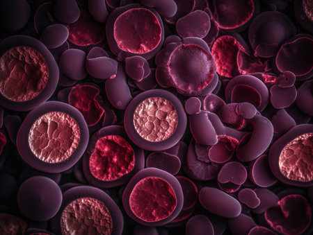 A high magnification view of human blood cells under a microscope. The cells are stained for better visualization of their components and structures. The dark background puts the focus on the variety of blood cells and their intricate detail.の素材