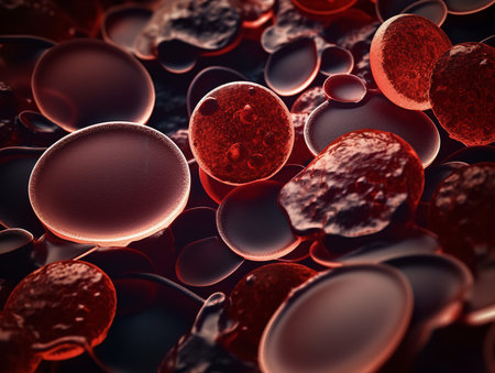 A high magnification view of human blood cells under a microscope. The cells are stained for better visualization of their components and structures. The dark background puts the focus on the variety of blood cells and their intricate detail.の素材