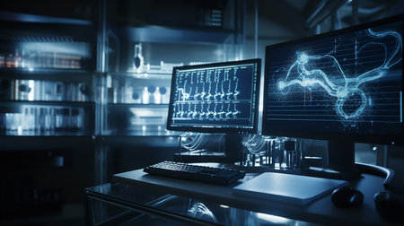 A high-resolution image depicting a modern laboratory with a focus on a microscope. A 3D rendering of a DNA helix is visible on a high-tech computer screen in the background, representing advanced genetic research.の素材